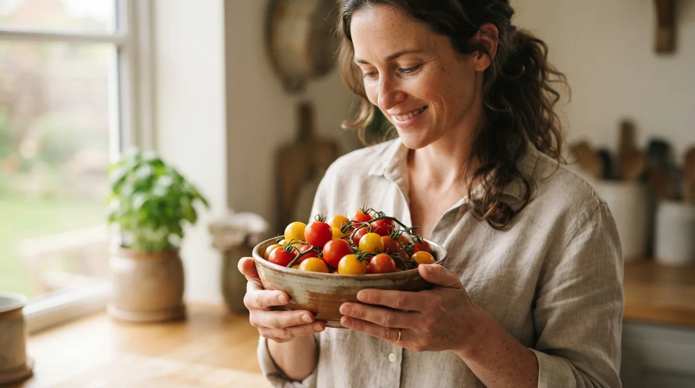 a person holding a bowl of fresh cherry tomatoes