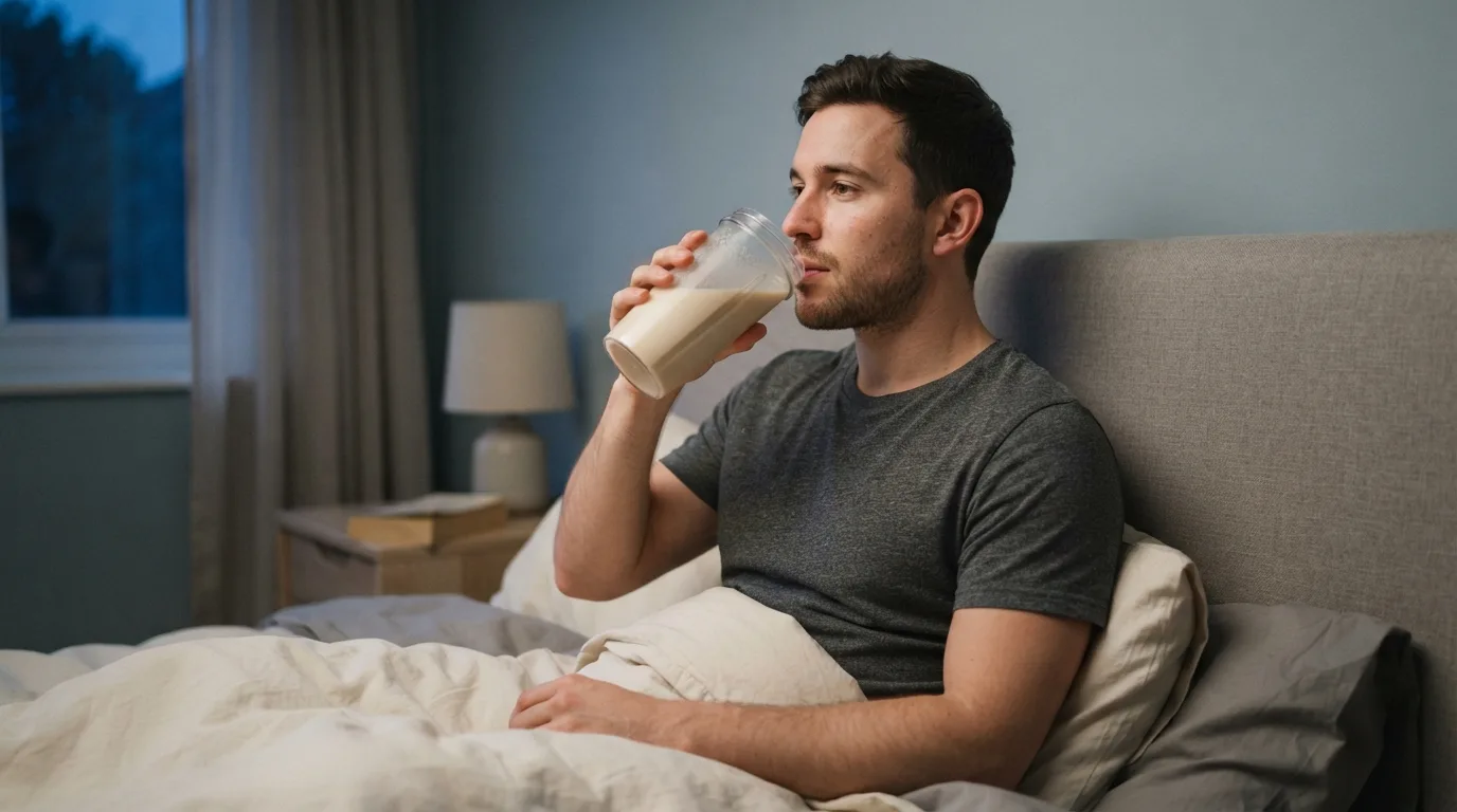 a man drinking a protein shake before sleeping in bed