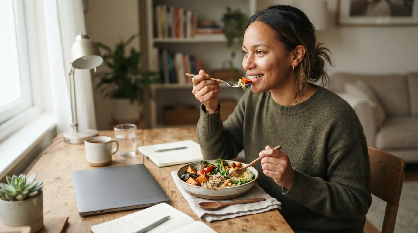 a person eating a healthy meal at a home office desk