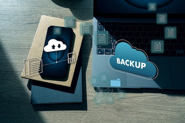 files receiver and computer backup copy Data storage and backup on cloud Networking storage and internet service technology concept business digital database