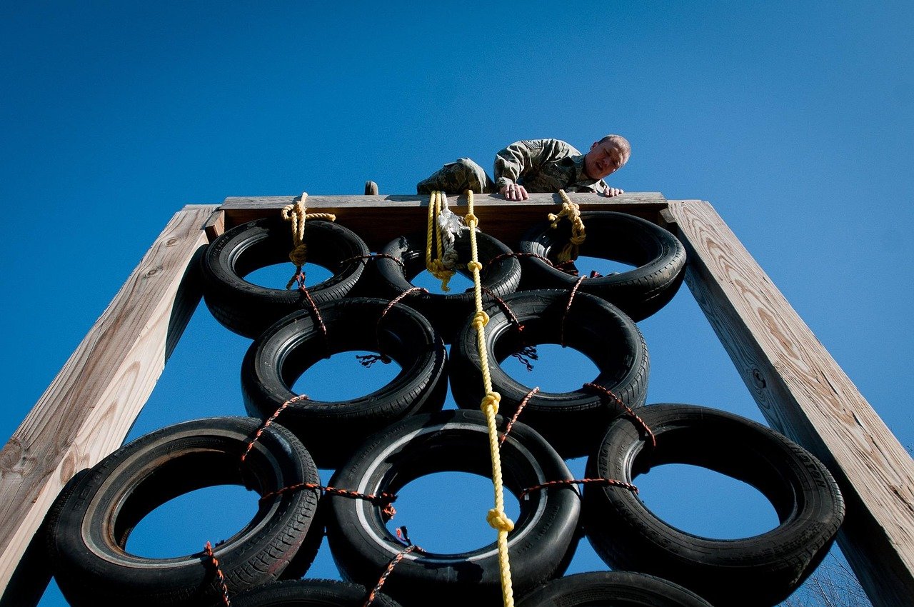 man, sky, clouds, louisville, kentucky, obstacle, climbing, exercise, tires, rope, wood frame, training, nature, outside, obstacle course, blue exercise, blue wood, blue training, blue frame, obstacle, obstacle course, obstacle course, obstacle course, obstacle course, obstacle course