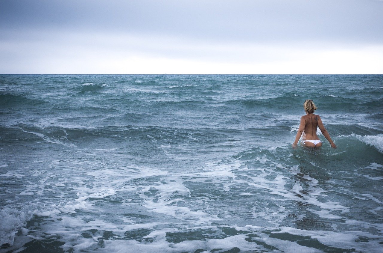 sea, nature, string, woman, sensual, buttock, tattoo, blonde hair
