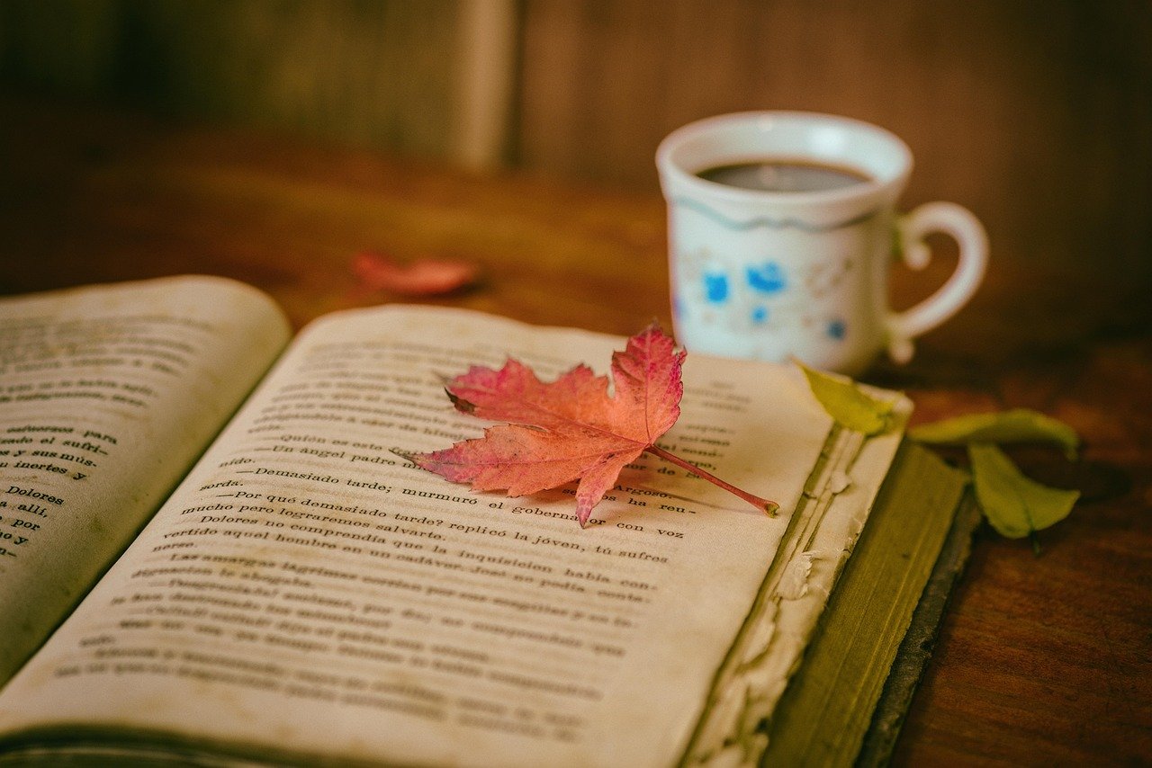 leaves, coffee, coffee cup, nature, cup, still life, book, reading, leisure, hobby, read, open book, bookworm