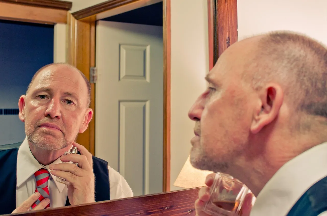 man, shave, bald, aftershave, vest, mirror, bathroom, tie, brown bathroom, brown mirror, aftershave, aftershave, aftershave, aftershave, aftershave