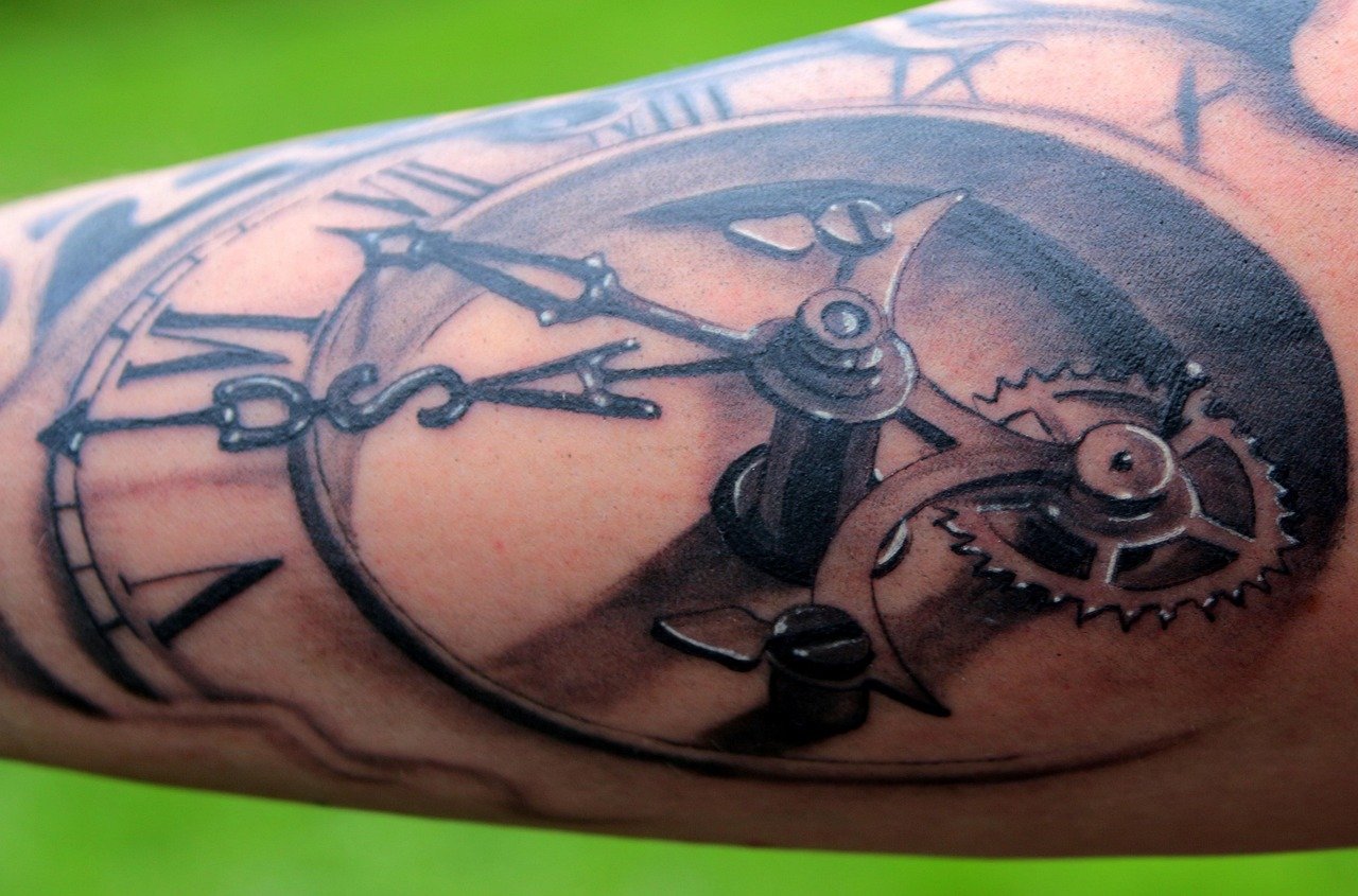 tattoo, forearm, drawing, symbol, ink, skin, clock, dial, pointer, gear, roman numbers, tattoo, tattoo, tattoo, tattoo, tattoo