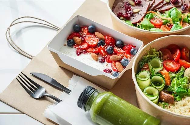 Healthy meal slimming diet plan daily ready menu background organic fresh dishes and smoothie fork knife on paper eco bag as food delivery courier service at home in office concept close up view