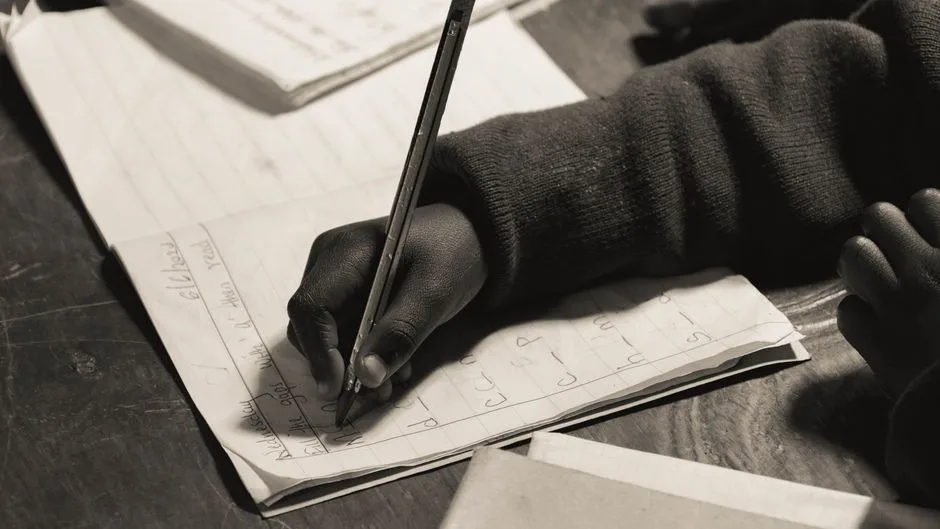 Close-up of a child writing in a notebook, focusing on handwriting practice.
