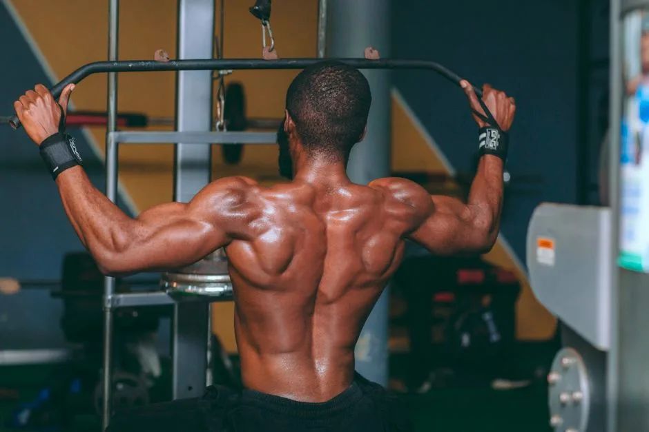 Strong athletic man performing pull-up exercise in a gym, showcasing muscular back.