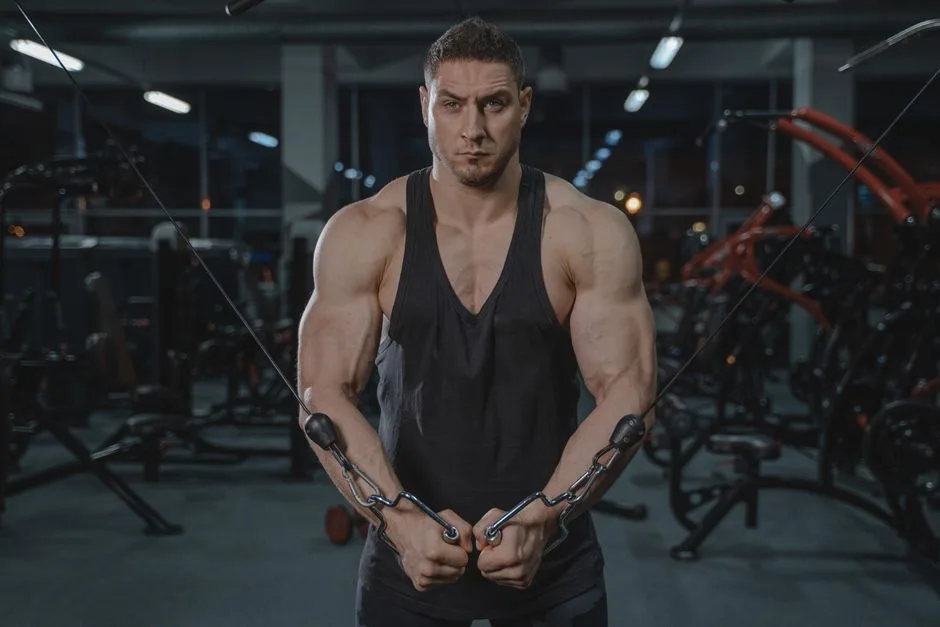 A strong man in a black tank top exercises in a gym using a cable crossover machine.