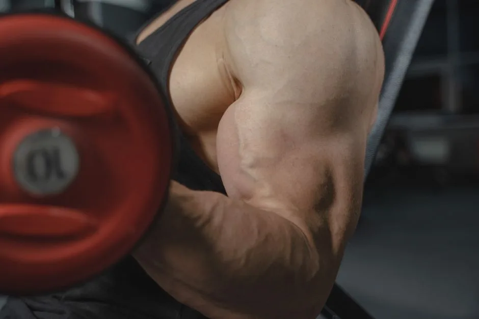 A focused view of a bodybuilder's arm muscles lifting a dumbbell in a gym setting.