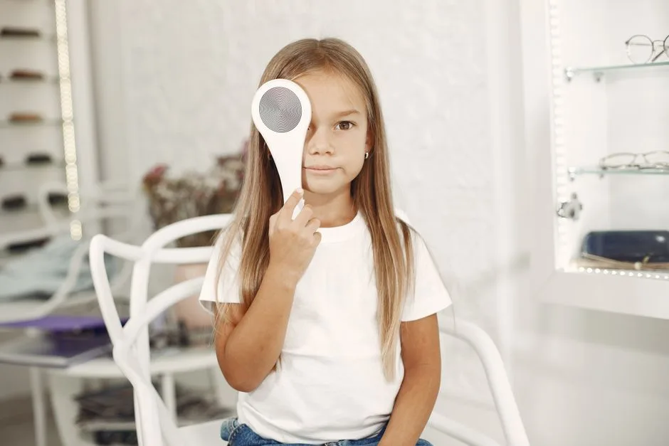 Young girl with long hair sitting indoors, playfully holding an eye patch over one eye.