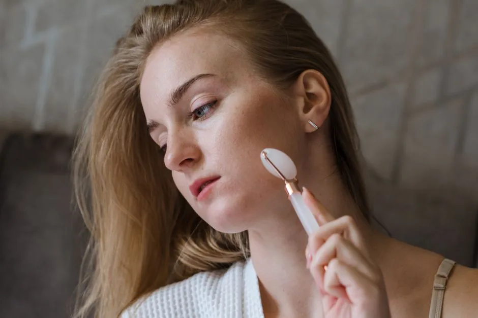 A woman using a jade roller for skincare, promoting self-care and wellness routines.