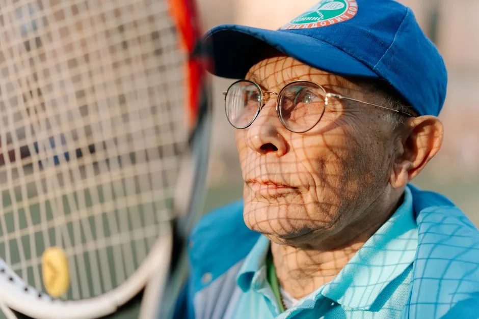 A senior man in sportswear standing with a tennis racket outdoors, enjoying leisure time.