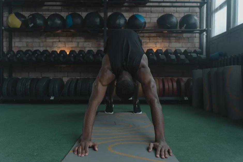 A man performing yoga, doing a downward facing dog pose in a gym environment.