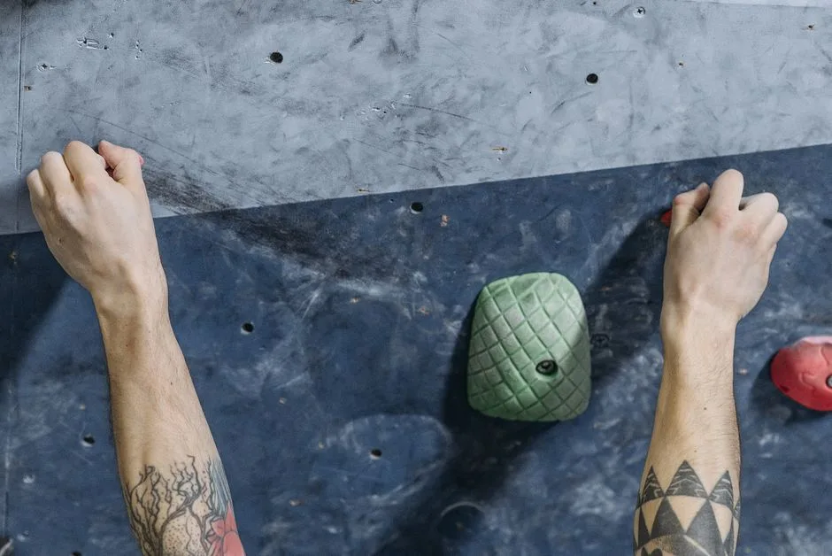 Close-up of a climber's hands gripping jugs on an indoor bouldering wall.