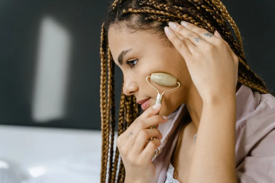 A young woman with braided hair uses a jade roller for facial skincare in a close-up side view.