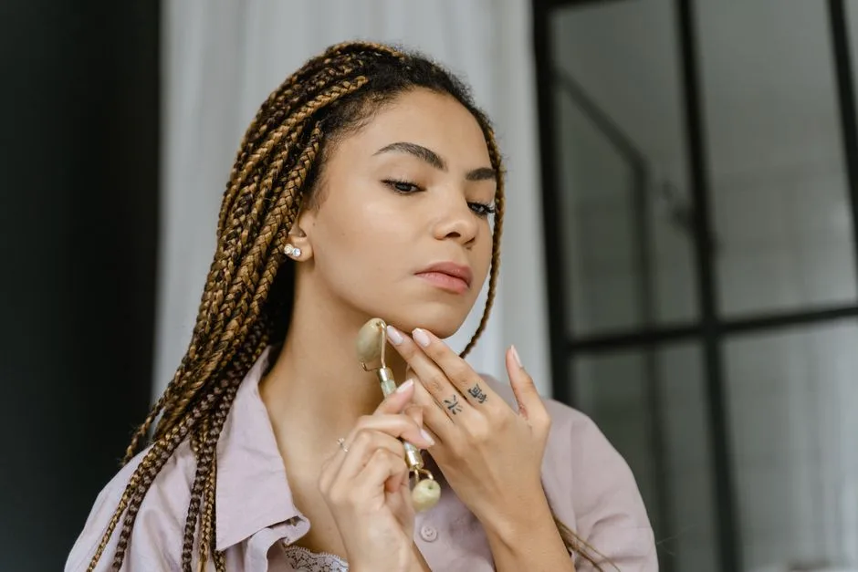 A woman with braided hair using a jade roller for skincare indoors.