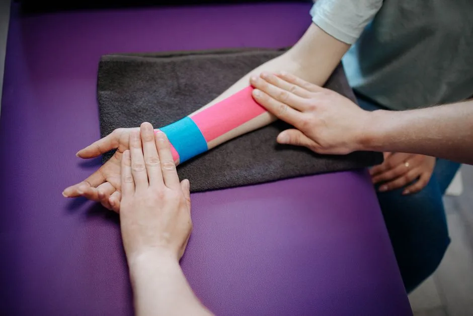 A therapist carefully applying colorful kinesiology tape on a patient's forearm for supportive therapy.