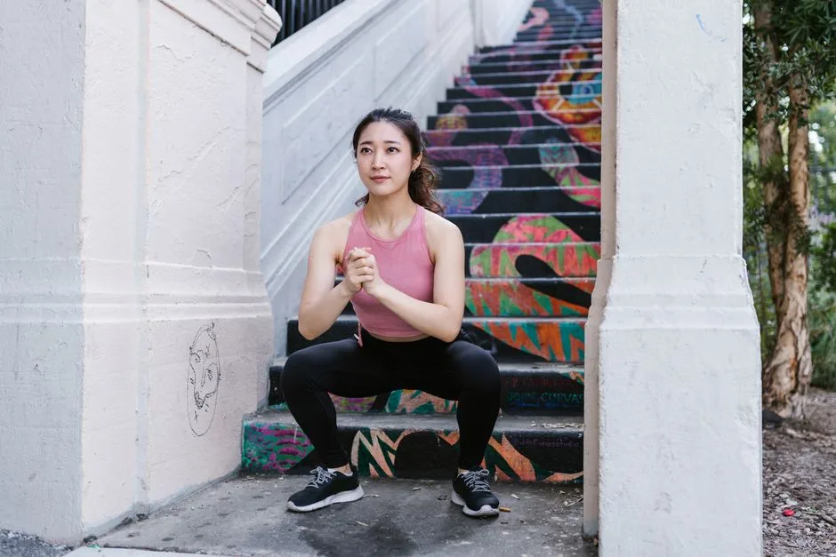 Asian woman squatting outdoors on a vibrant painted staircase, embracing active lifestyle.