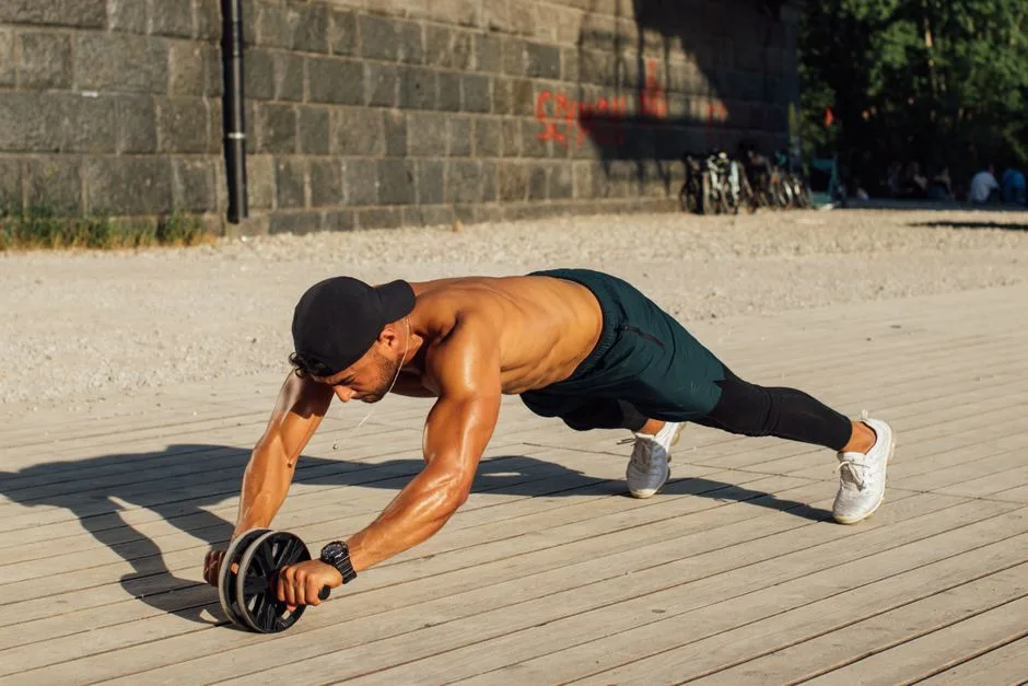 Fit man in outdoor workout using ab roller, showcasing strength and fitness.