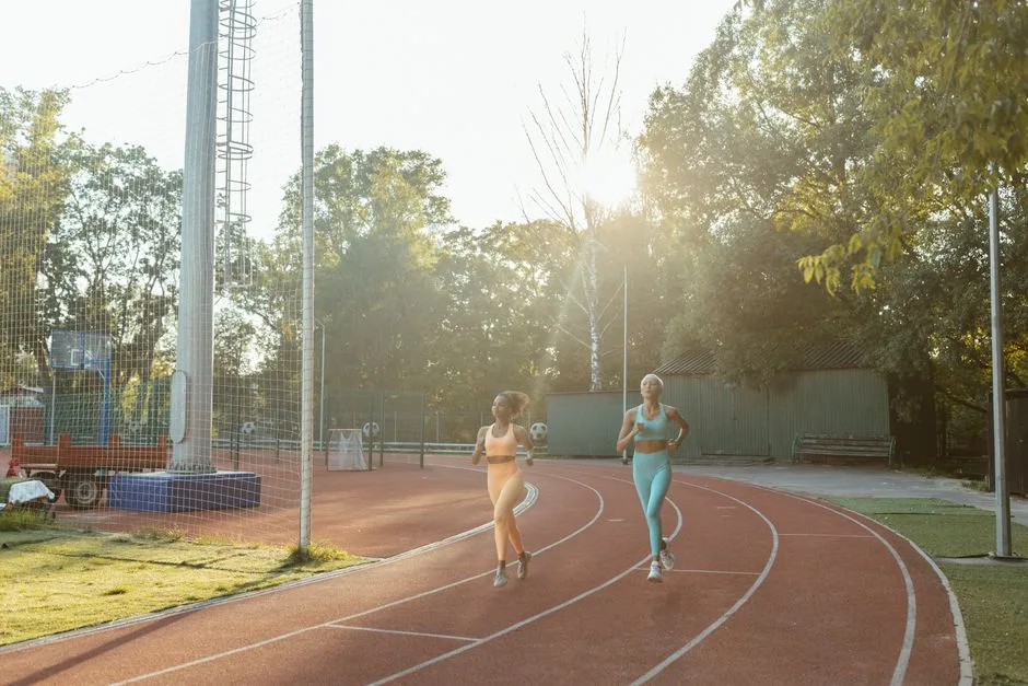 Two women jogging on an outdoor track, enjoying exercise and fitness in the morning sun.