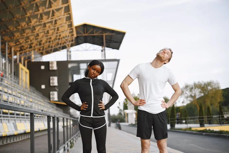 A man and woman performing stretching exercises at an outdoor venue, promoting fitness and wellness.