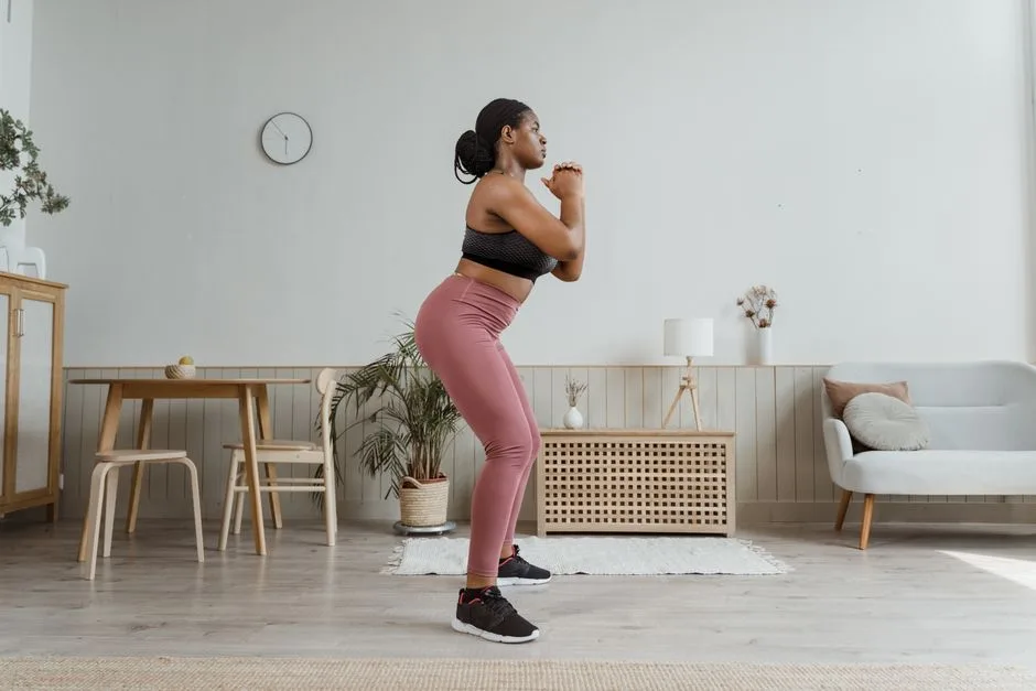 Black woman exercising at home in stylish activewear, promoting a healthy lifestyle.