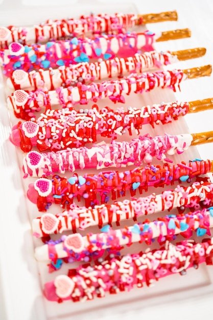 Valentines day chocolate covered pretzel rods