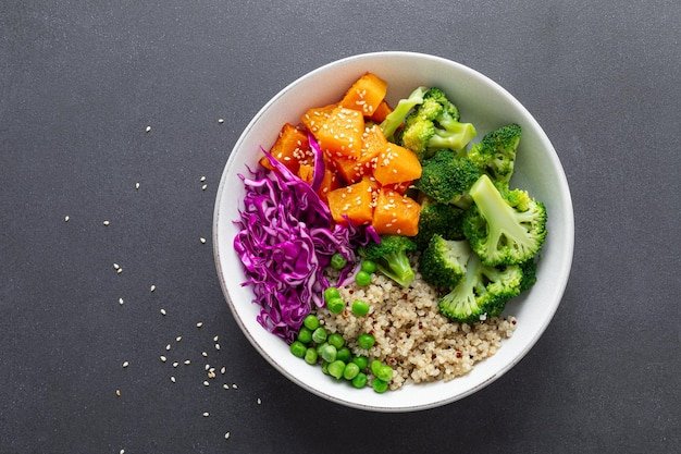 Vegetarian quinoa and broccoli lunch Buddha bowl with baked