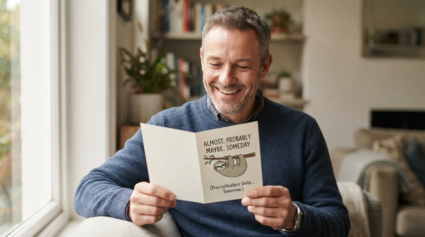 a man smiling while holding a humorous greeting card