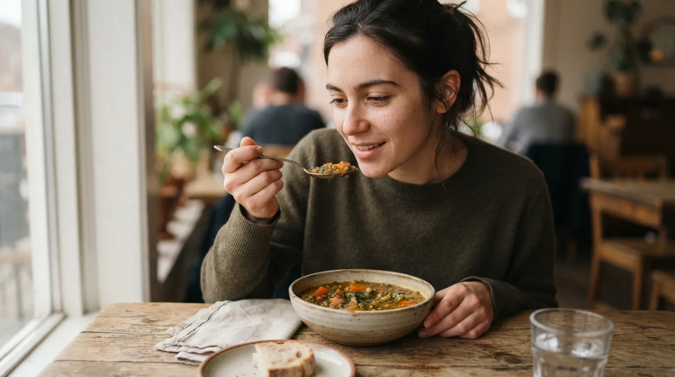 a person eating a bowl of soup