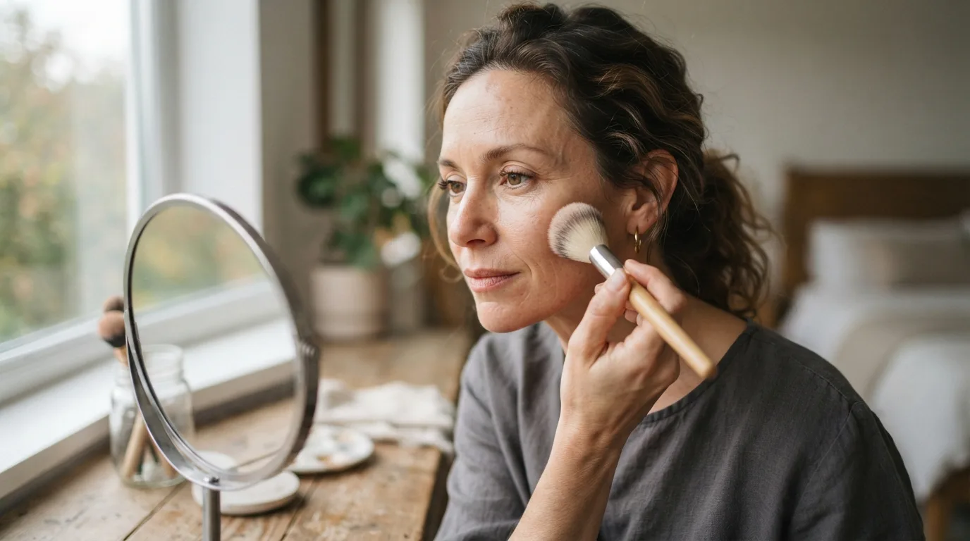 a woman applying makeup with a soft brush