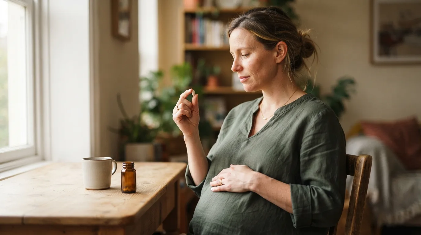 a pregnant woman holding a small pill or supplement