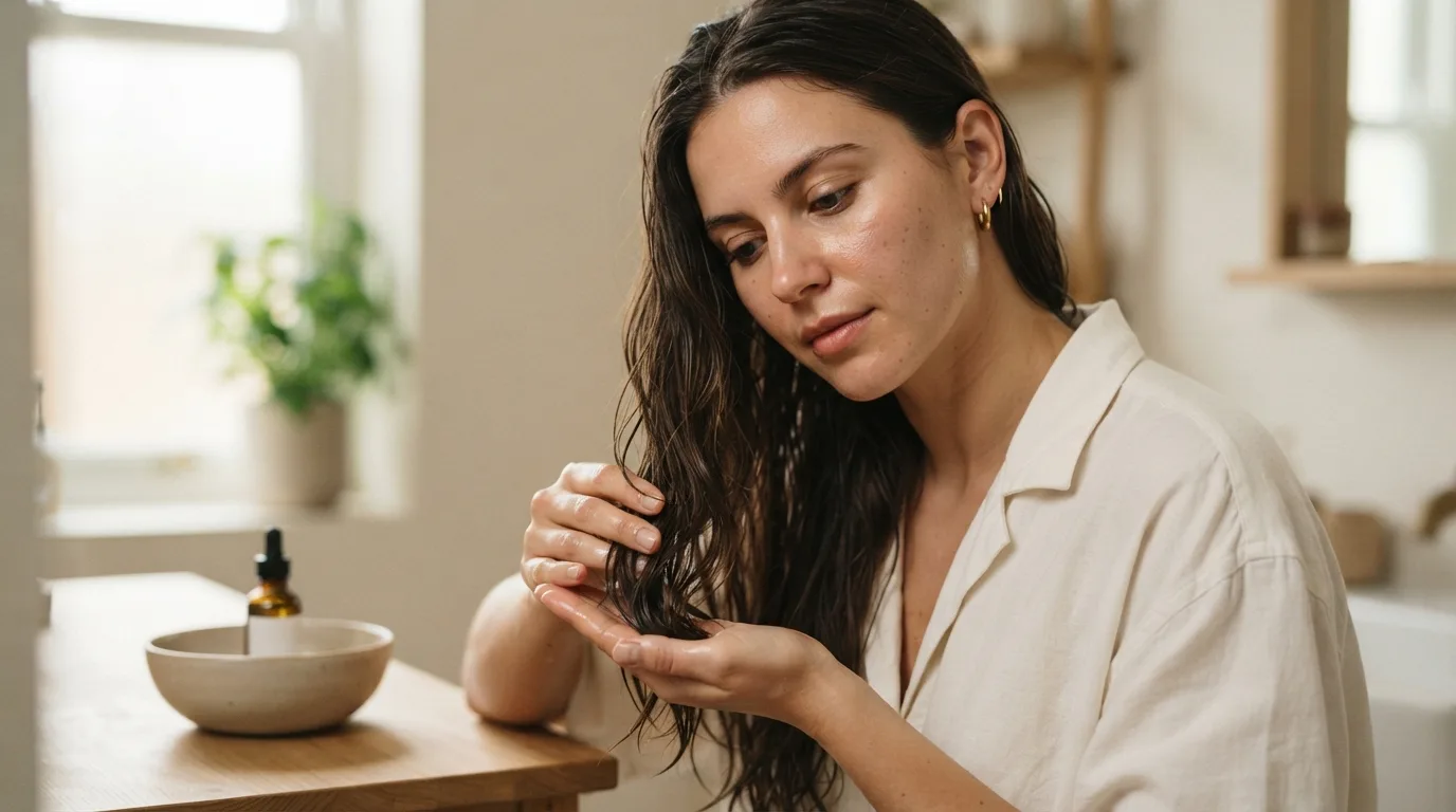 a woman applying oil to her hair