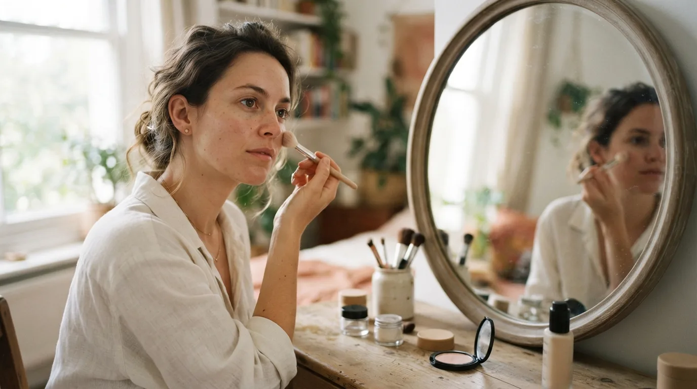 a woman gently applying makeup in front of a mirror