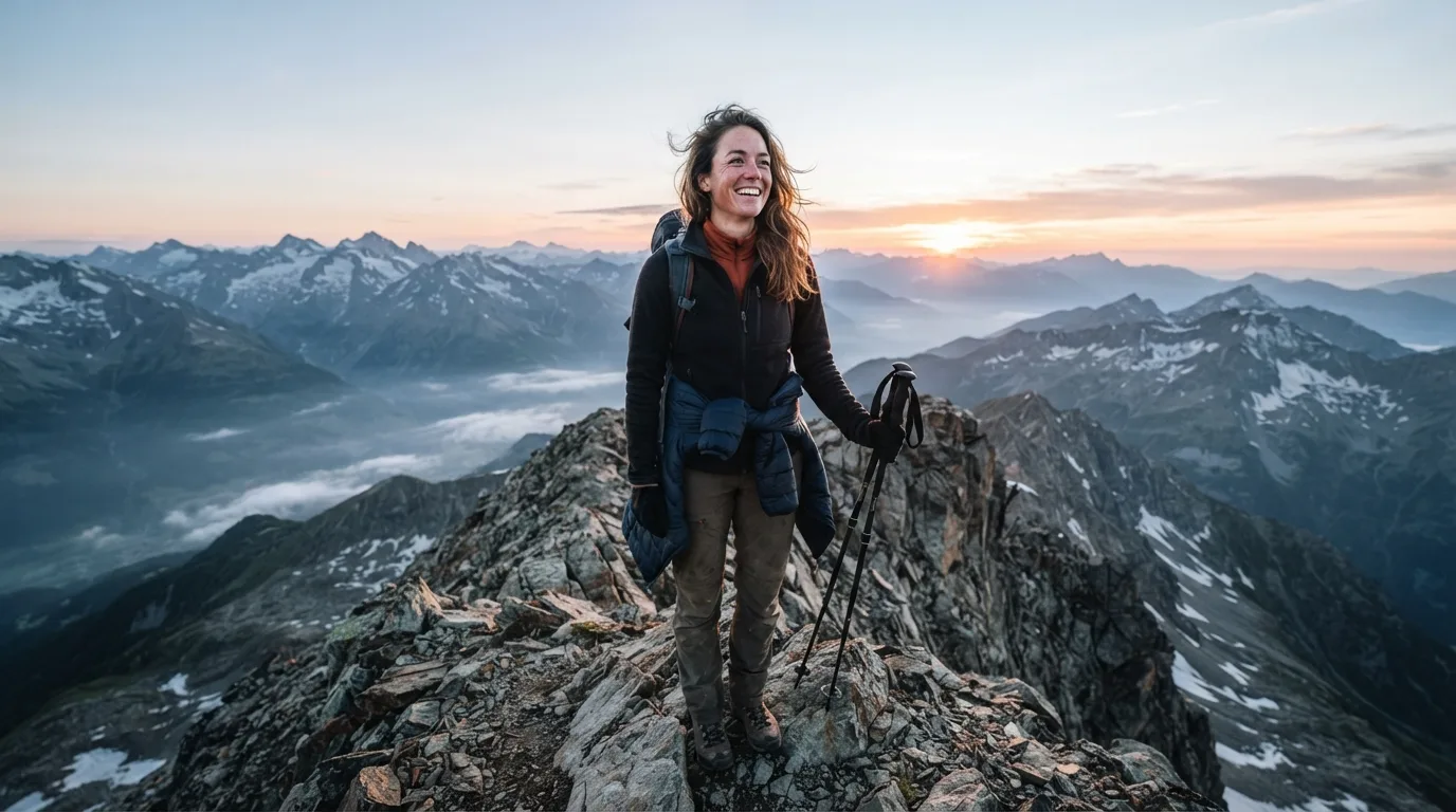 a person standing on a mountain peak at sunrise