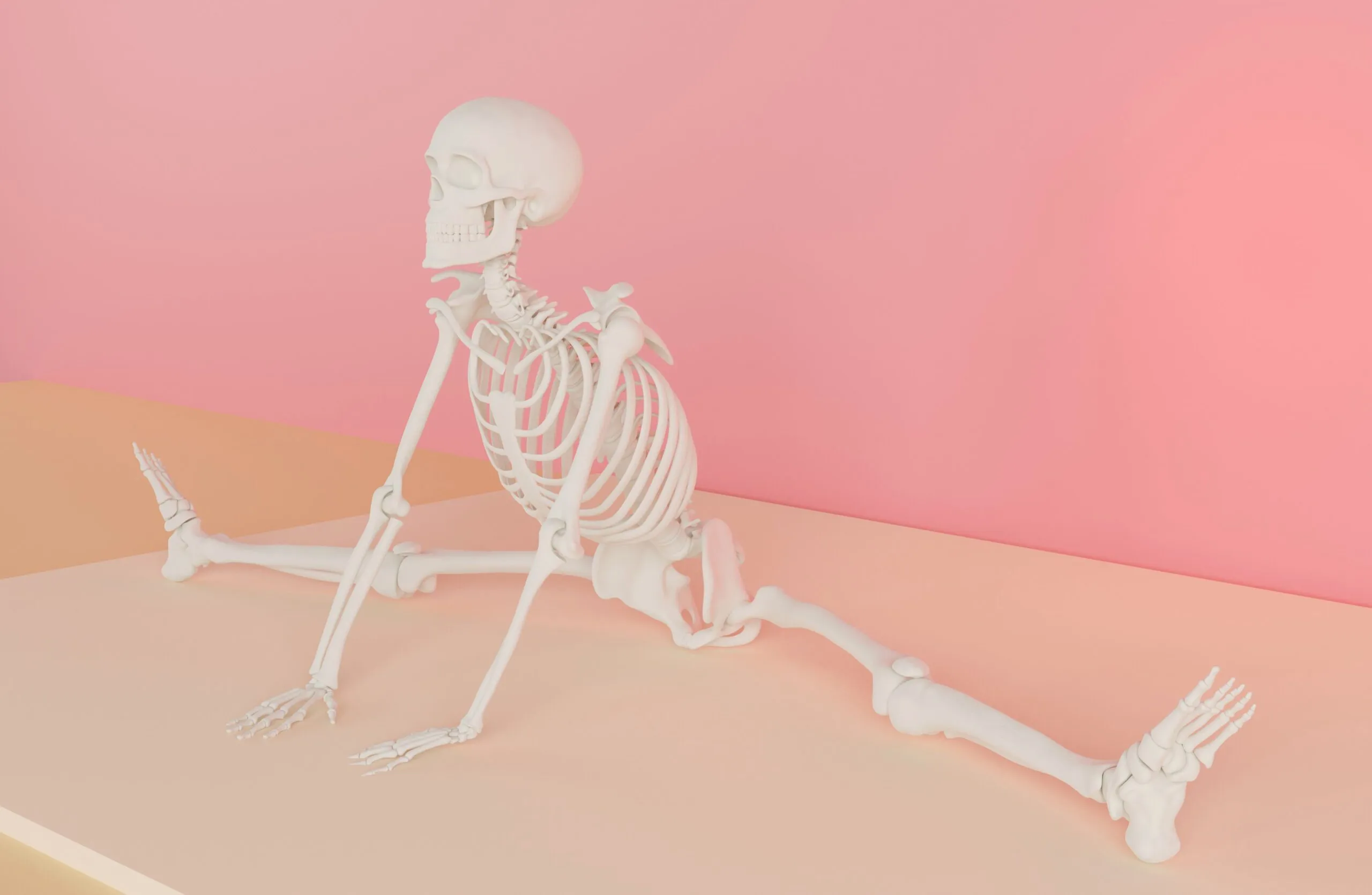 A white skeleton model practicing yoga in a pastel pink room.