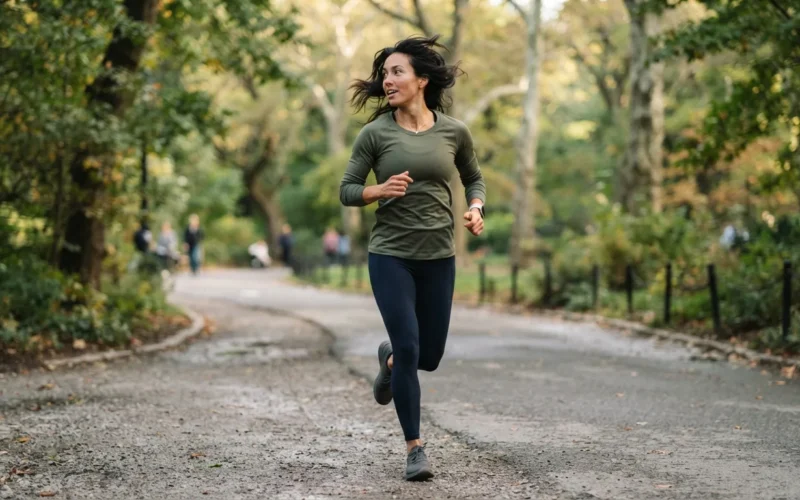 a woman running and looking back over her shoulder