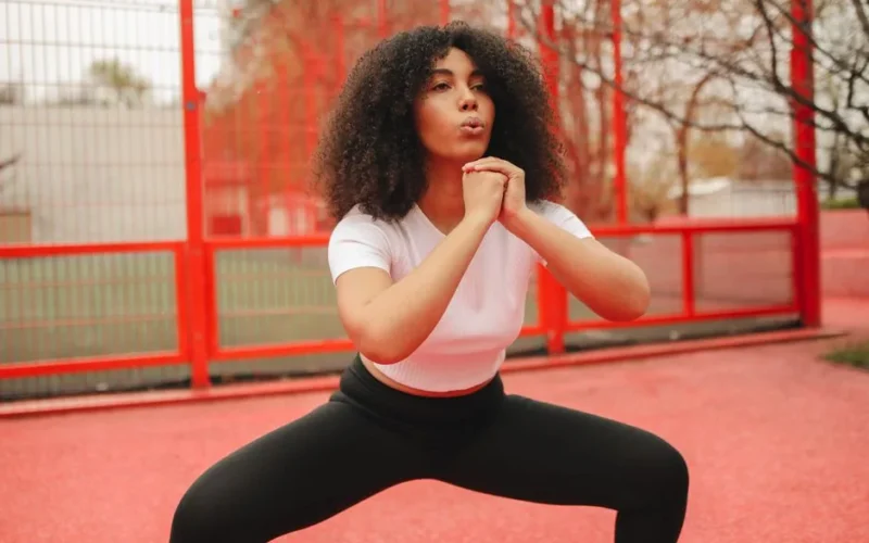 Young woman exercising outdoors in stylish attire, promoting fitness and wellness.