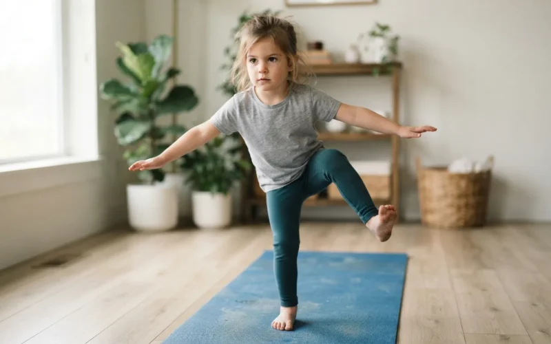a child doing balance exercises barefoot on a mat
