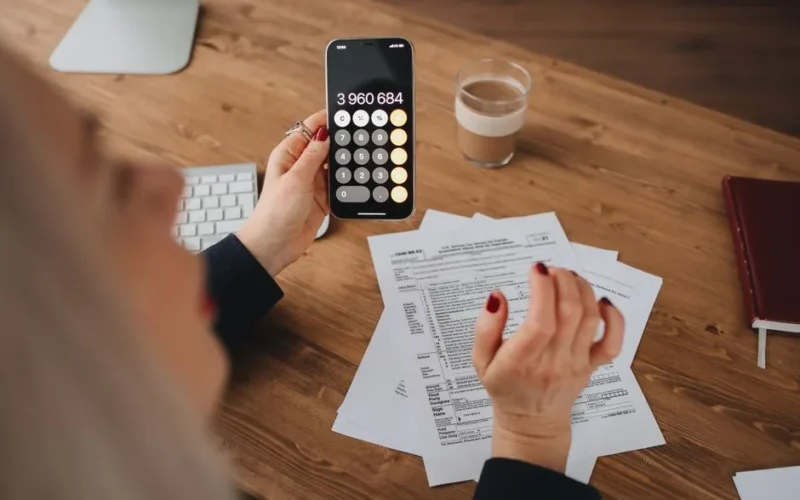 A woman calculates on her smartphone while working with documents at a desk.