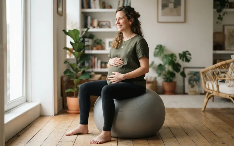 a pregnant woman sitting on an exercise ball