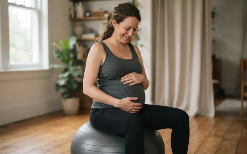 a pregnant woman sitting on an exercise ball