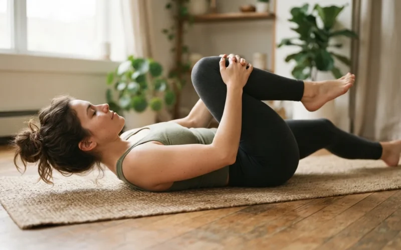 a person doing a gentle lower back stretch on a yoga mat