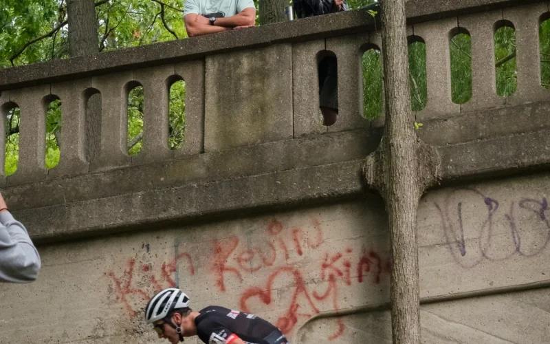 A rider navigates the "Double Trouble" section, which is run reverse on Sunday