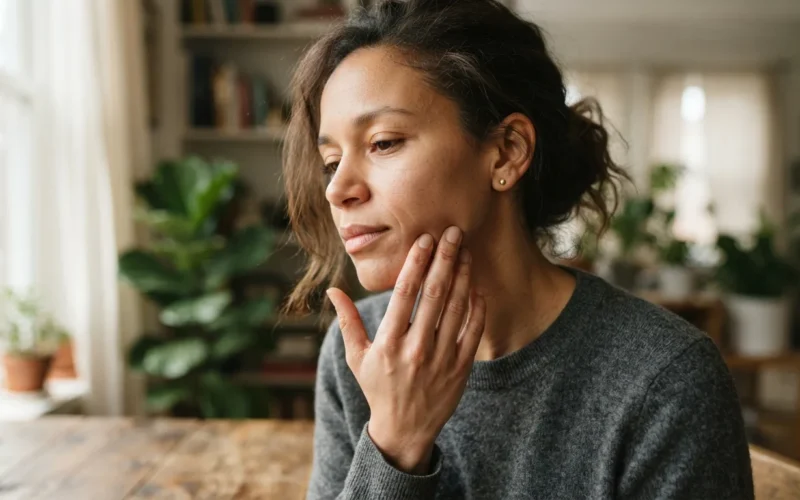 a person gently massaging their jaw