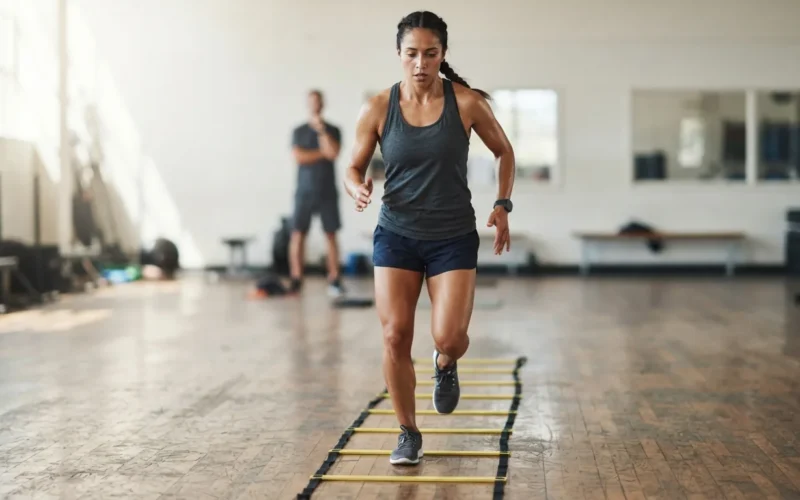 a person using an agility ladder on a floor
