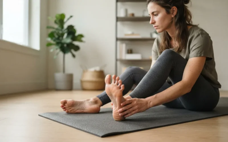 a person doing foot exercises on a mat