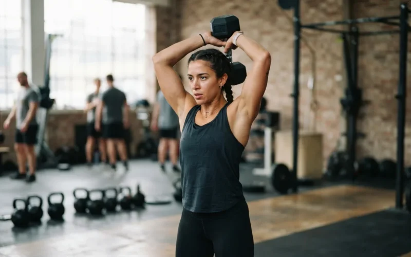 a woman doing an overhead triceps exercise with a dumbbell