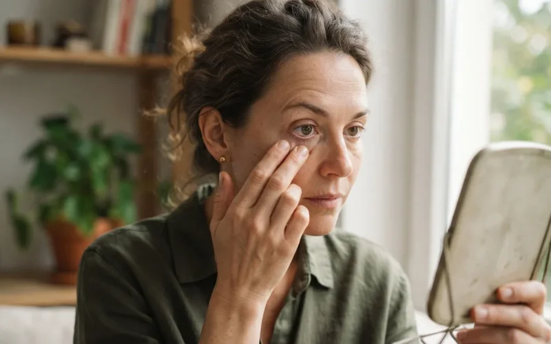 a woman doing facial exercises, touching the area around her eye